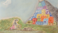Kind mit Geschenk und Hund im Vordergrund, ein Berg aus Geschenken im Hintergrund.